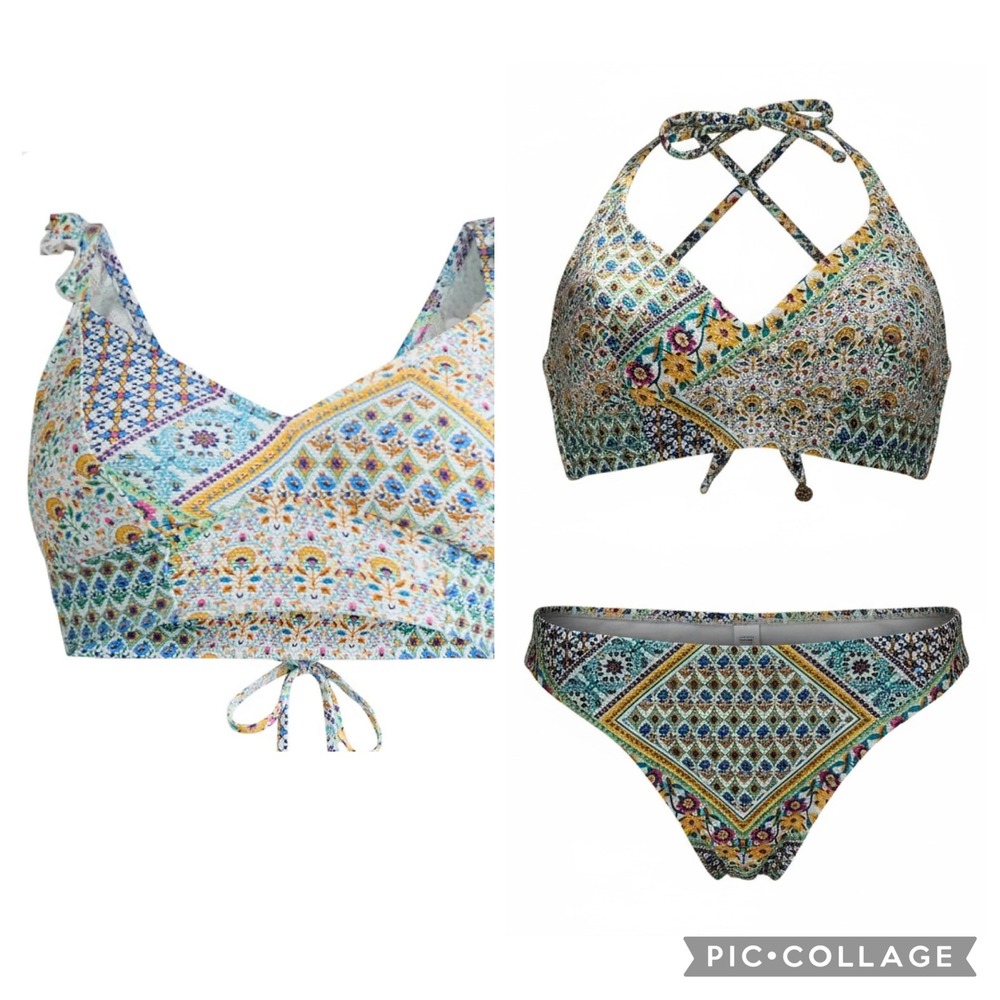 Jessica Simpson L Boho Patchwork Halter Bikini Swimsuit‎ Top High Cut Bottoms
